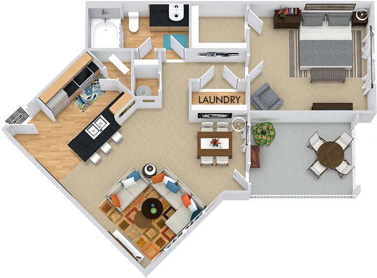 Floor plan for 1 bed, 1 bath, 803 sqft